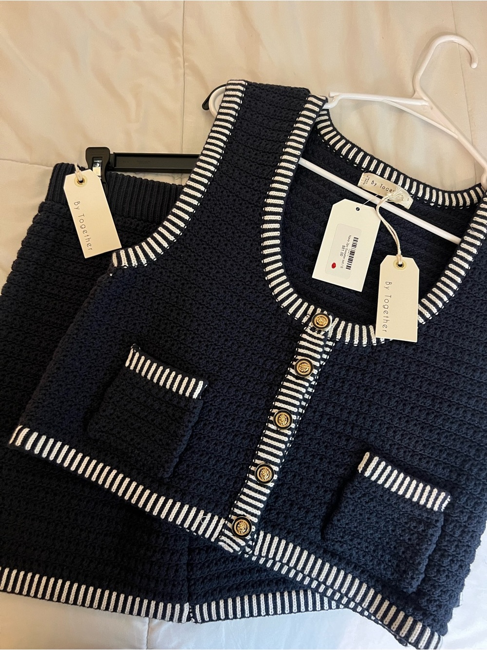 By Together Navy Cropped Knit Cardigan Vest with White Stripe Trim